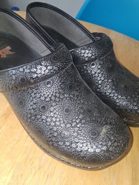 Dansko Black Textured Floral-Pattern Clogs